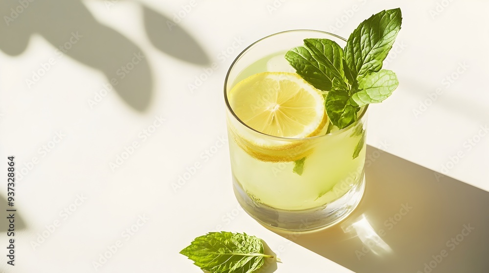 Poster a refreshing glass of lemonade with vibrant mint leaves set against a clean minimalist background pr