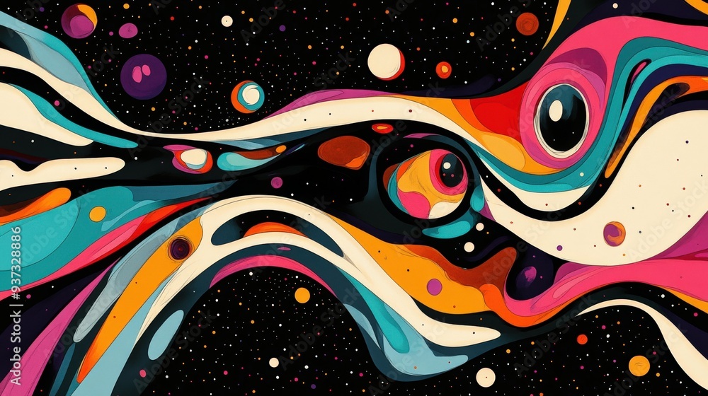 Poster a minimalist background with bold fractal patterns and a psychedelic comic touch, leaving some space