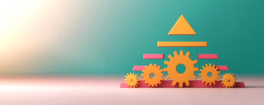 Management structure icons, flowchart, pyramid, and gears, 3D illustration