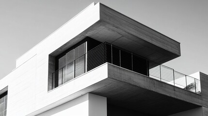 Modern house exterior with sunlight casting shadows on a cement wall surface