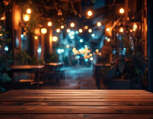 Blank wooden table top on blurred european city night cafe mockup background, evening. empty old...