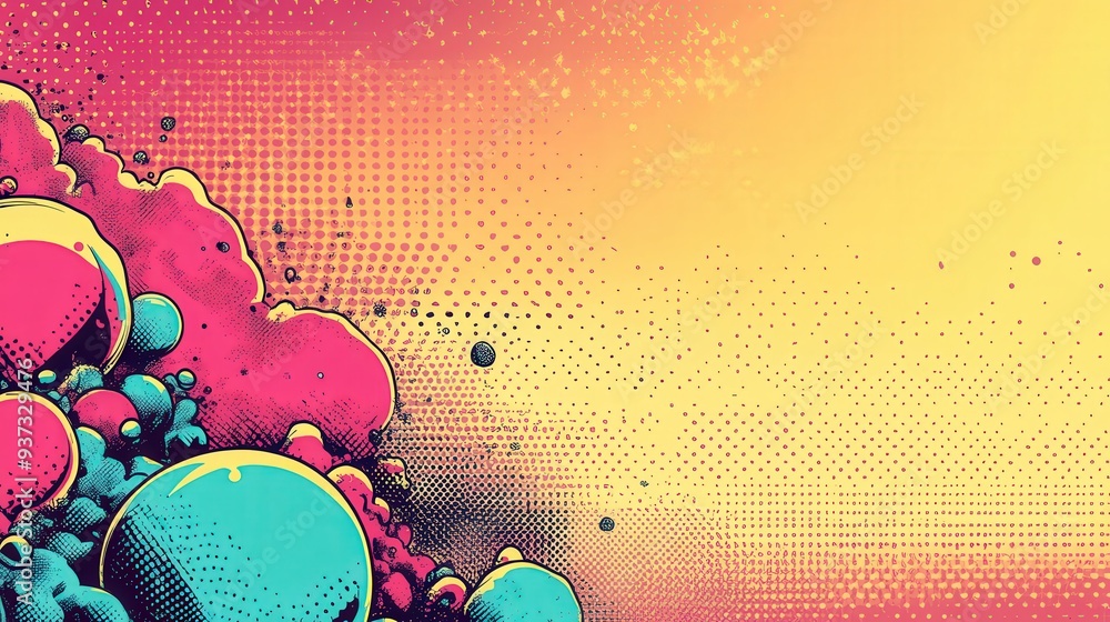 Poster a simple layout with dynamic fractal elements and a psychedelic comic vibe, featuring blank spaces f