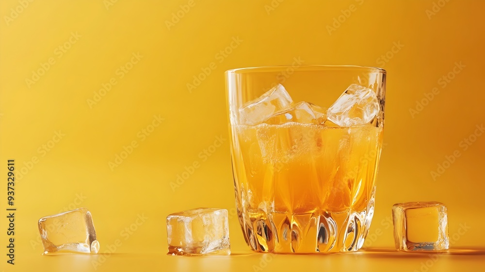 Poster refreshing glass of freshly squeezed orange juice with ice cubes displayed on a simple uncluttered b