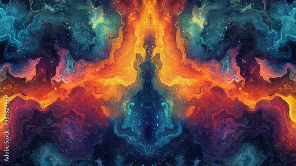 Poster a minimalist backdrop with intricate fractal shapes and a psychedelic comic design, leaving some emp