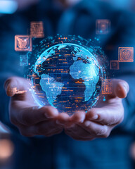 Person Holding Holographic Digital Globe with Futuristic Interface on Blue Background