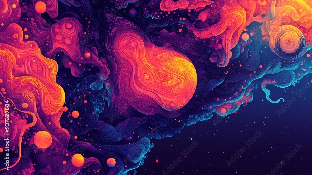 Poster a minimalist backdrop with intricate fractal shapes and a psychedelic comic design, leaving some emp