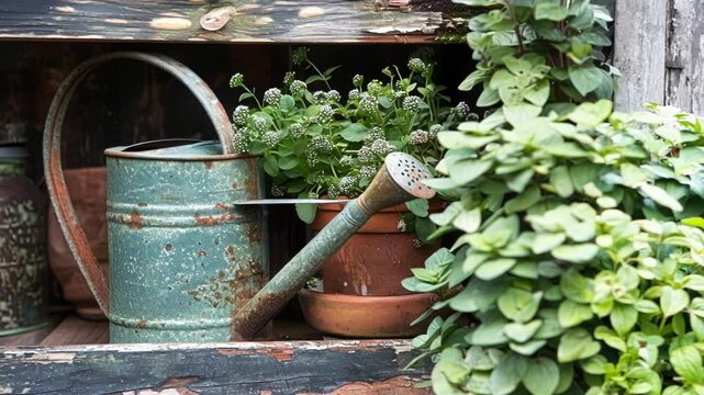 Rusty watering can sits on a weathered wooden shelf with other gardening tools and plants, evoking a sense of timeless gardening traditions