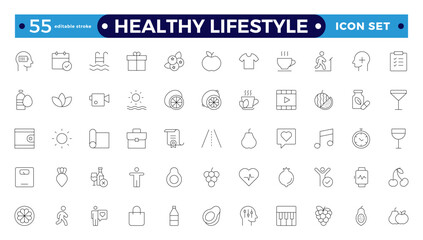 Healthy Lifestyle icon set with nutrition, exercise, sleep, stress management, hydration, mental, mindfulness, and yoga. Healthy Lifestyle outline icon set. Editable stroke outline icon. 
