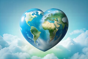 Naklejka premium Heart-shaped Earth floating among clouds symbolizing love and care for the planet