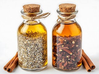 Two Glass Bottles Filled with Herbal Infusions and Cinnamon Sticks, Photo