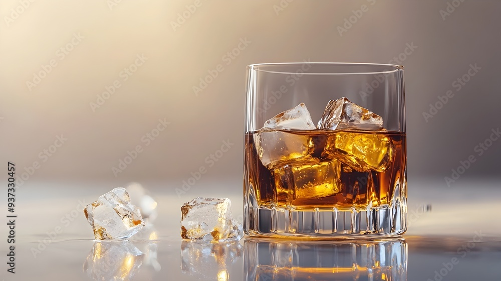 Poster closeup of an elegant glass filled with amber colored whiskey and ice cubes resting on a clean minim