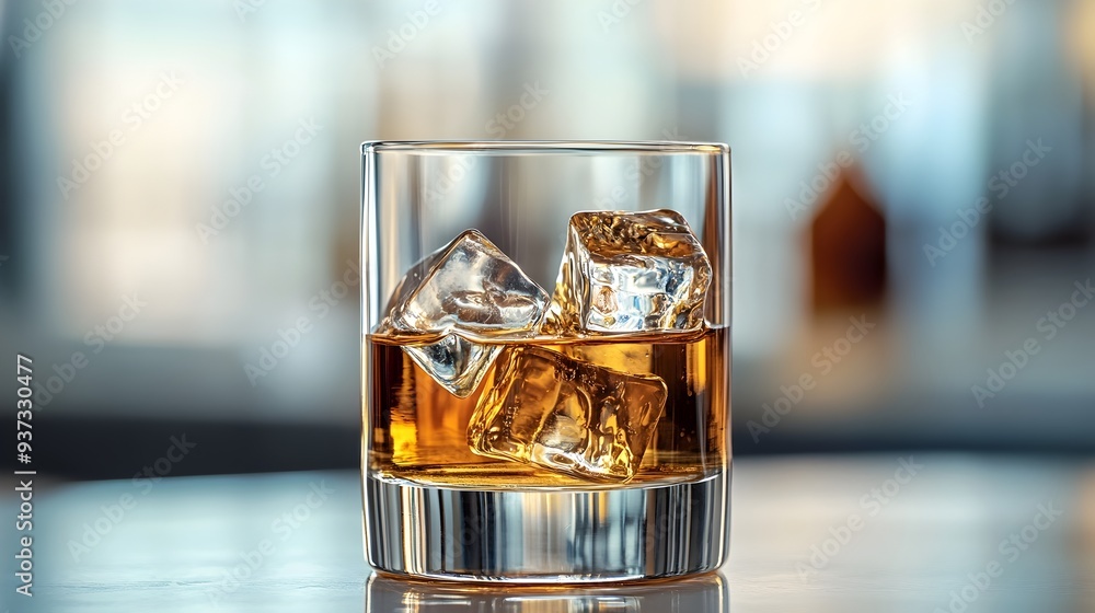 Poster elegant glass of fine whiskey with ice cubes resting on a clean minimalist background creating a sop