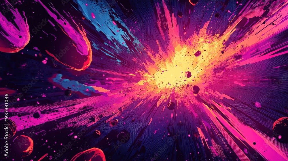 Poster a straightforward background with dynamic fractal shapes and a psychedelic comic style, featuring bl
