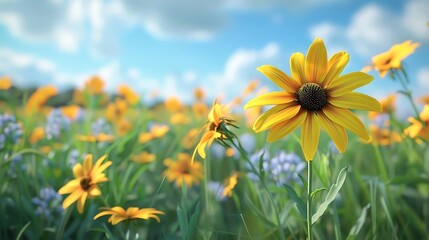 Obraz premium A vibrant field of yellow flowers under a blue sky, showcasing nature's beauty and tranquility.