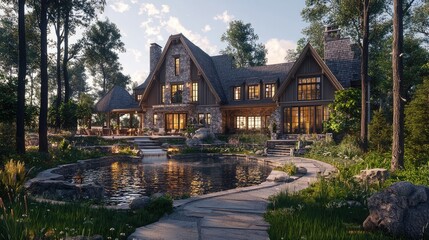 Obraz premium Scenic lakeside cottage surrounded by nature in a tranquil setting