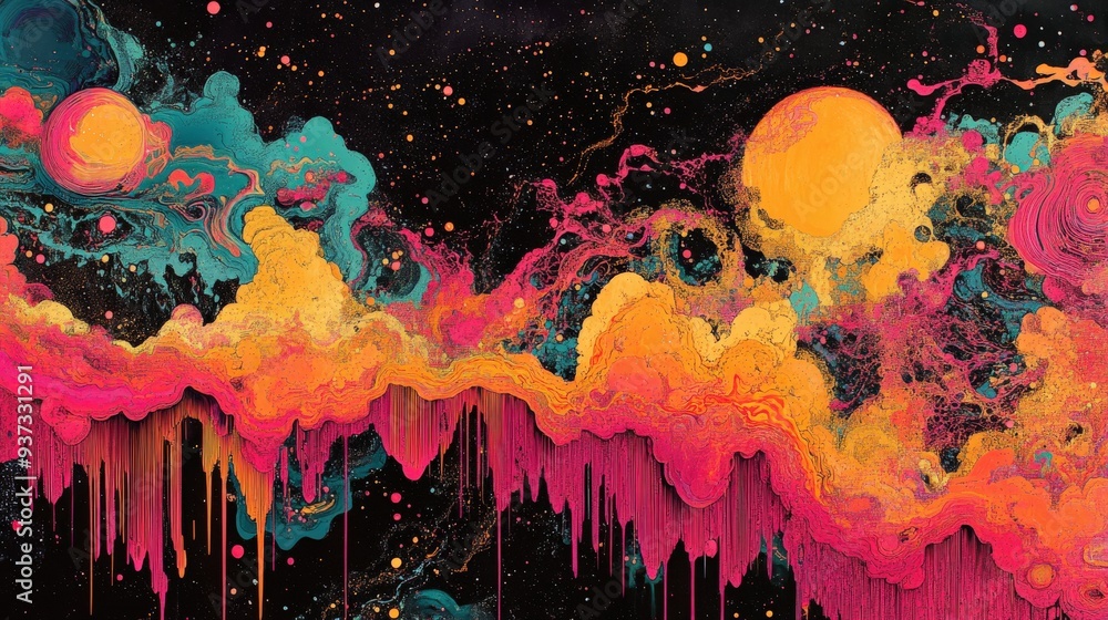 Poster a minimalist layout with vibrant fractal patterns and a psychedelic comic touch, leaving some spaces