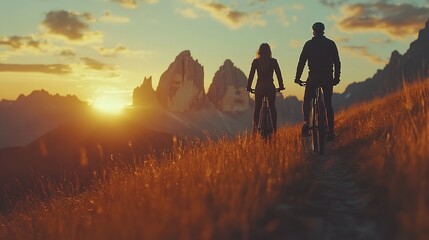 Fototapeta premium A couple on a tour with bicycle on mountain scape