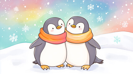 Fototapeta premium Adorable penguins wearing colorful scarves, standing close together in a snowy scene with falling snowflakes and a pastel-colored sky
