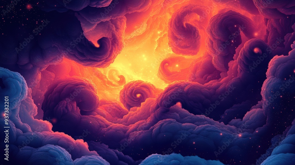 Poster a minimalist backdrop with swirling fractal shapes and a psychedelic comic style, leaving some empty