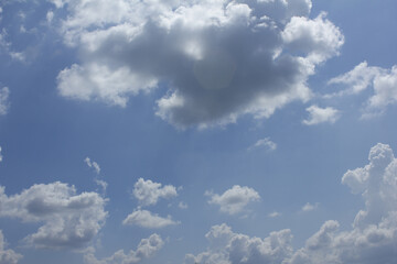 A blue sky with puffy clouds.