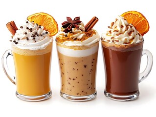 Three Delicious Winter Drinks with Whipped Cream, Orange Slices, and Spices - Photo