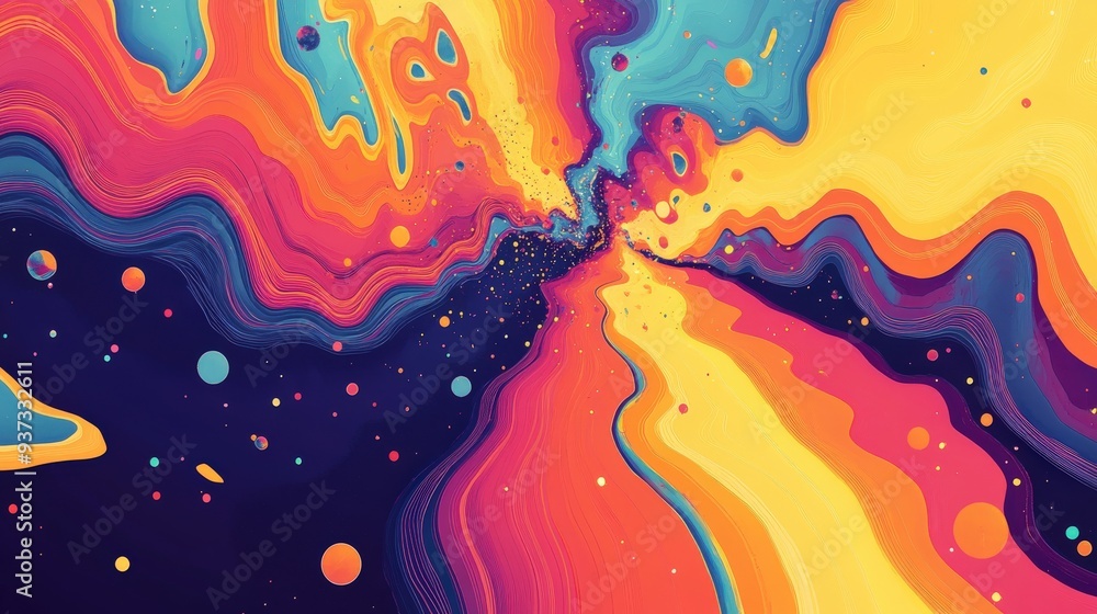 Poster a simple scene with bold fractal designs and psychedelic comic aesthetics, featuring blank spaces fo