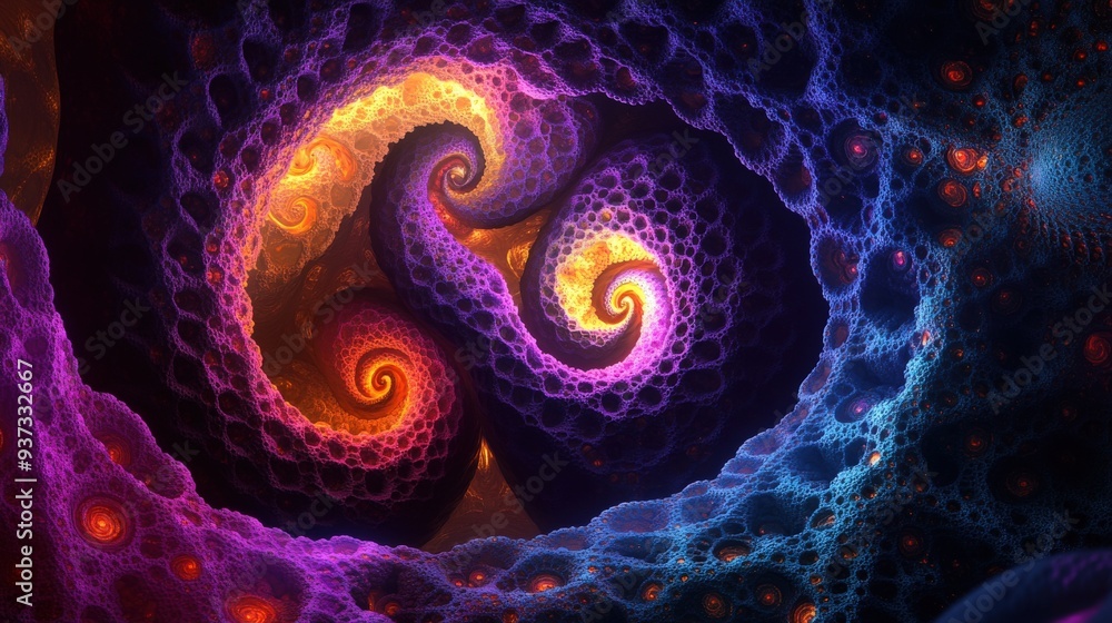 Poster a simple scene with bold fractal designs and psychedelic comic aesthetics, featuring blank spaces fo