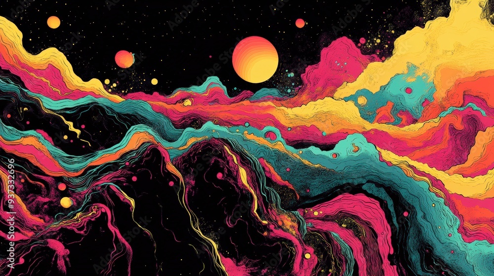 Poster a minimalist layout with dynamic fractal patterns and a psychedelic comic vibe, offering empty areas