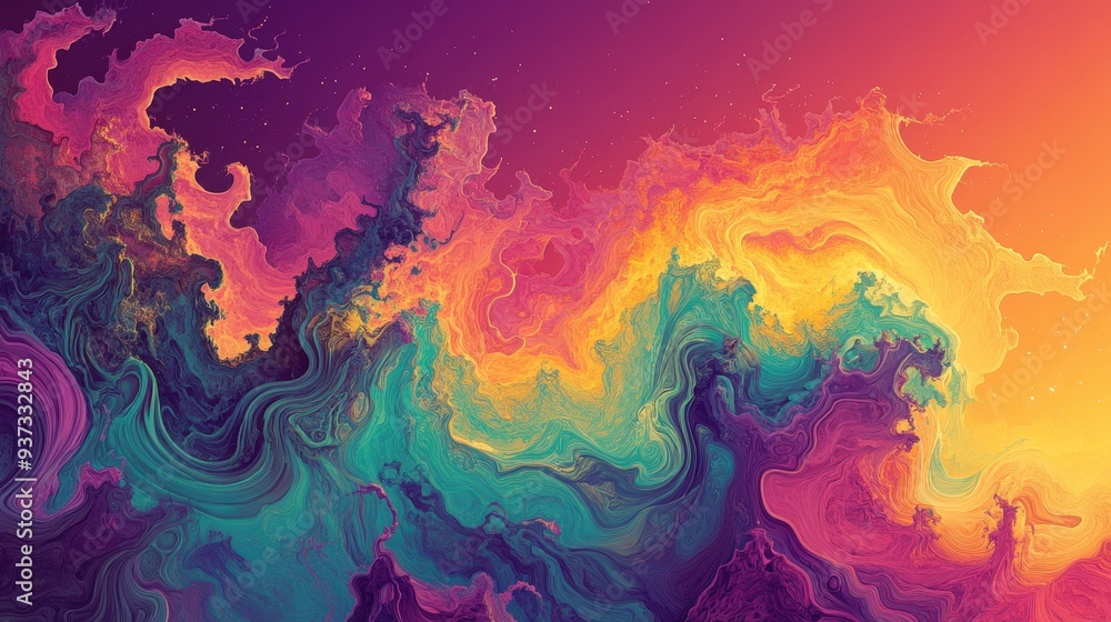 Poster a minimalist layout with dynamic fractal patterns and a psychedelic comic vibe, offering empty areas