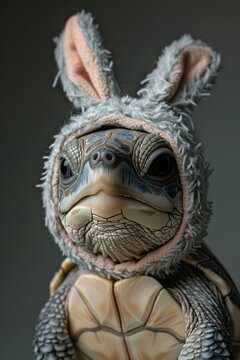 An Adorable Turtle Wearing Fuzzy Bunny Ears Funny Pet  and Animal Portrait, Cute Reptile Face PFP Avatar Concept