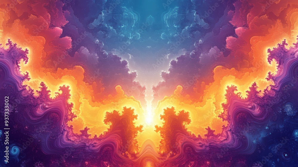 Poster a straightforward background with colorful fractal elements and a psychedelic comic design, incorpor