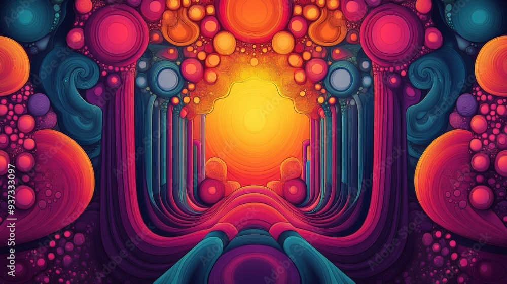 Poster a clean and simple backdrop with intricate fractal shapes and a psychedelic comic style, featuring a