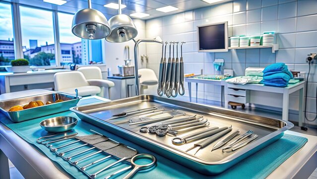 Surgical instruments and dental equipment laid out on a sterile tray in a modern operating room, ready for an oral surgery procedure to begin.