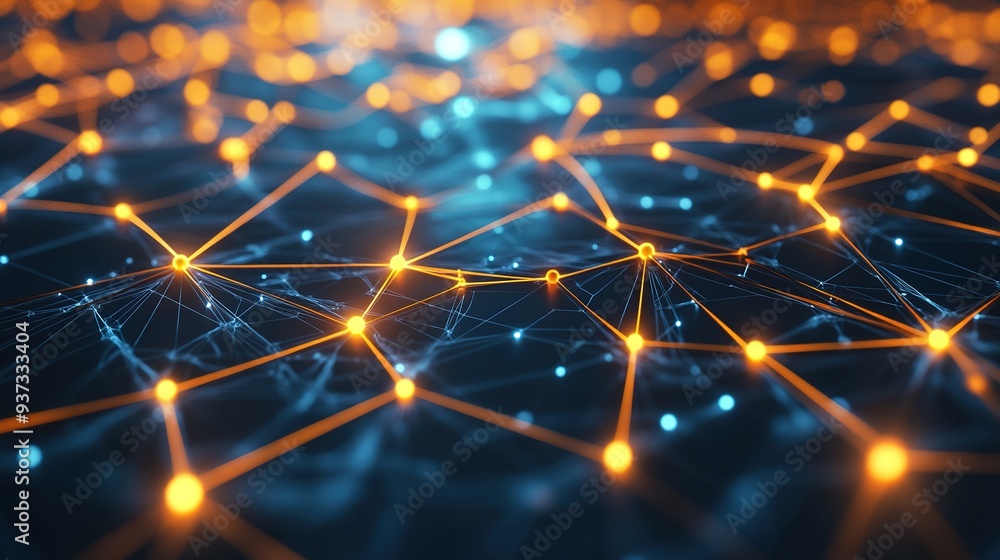 Poster network of glowing nodes and lines forming a sophisticated technology background