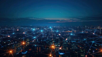 Nighttime Cityscape with Interconnected Network Lines