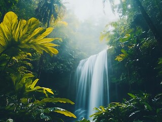 Jungle Waterfall with Lush Greenery - Photo