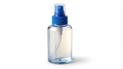 Fototapeta premium Transparent plastic spray bottle with a blue cap and label, isolated on a white background, with a clean and modern design, ideal for graphic use.