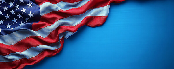 American flag on blue background with copy space. Suitable for patriotic events and national holidays.