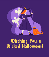 Witch with Broom and Ghosts