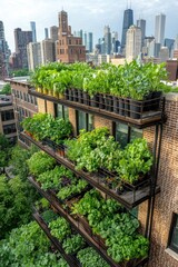 Fototapeta premium Serene Urban Oasis: Rooftop Garden Blooms with Sustainable Vegetation for City Living