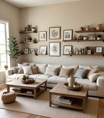 Obraz premium A cozy and inviting living room with a large beige sectional sofa, wooden coffee table, and shelves displaying decorative items. The room has a warm, neutral color palette and a minimalist