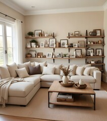A cozy and inviting living room with a large beige sectional sofa, wooden coffee table, and shelves displaying decorative items. The room has a warm, neutral color palette and a minimalist
