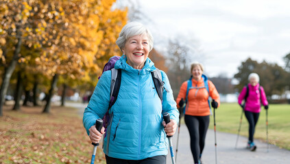 Senior Women Enjoying a Group Hiking Adventure in the Countryside