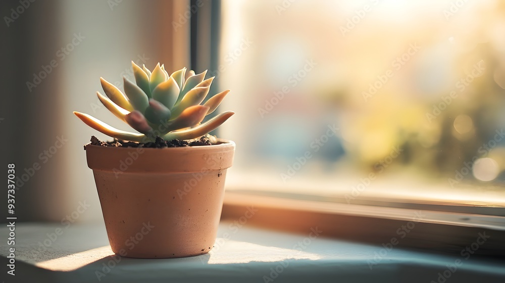Poster elegant potted succulent plant thriving on a sunlit windowsill with open copy space to the side for 