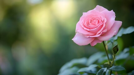 Close up of a beautiful delicate pink rose flower blooming in a lush garden with a soft blurred green background providing ample space for text overlay or design elements