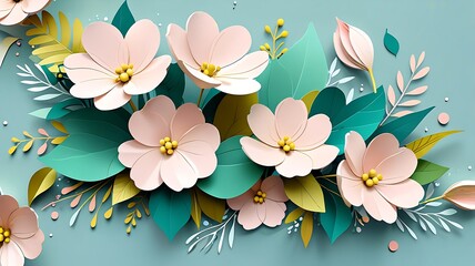Pink flowers, green leaves, blue background in papercraft style. Ideal for springthemed designs, greeting cards, invitations, and botanical illustrations.