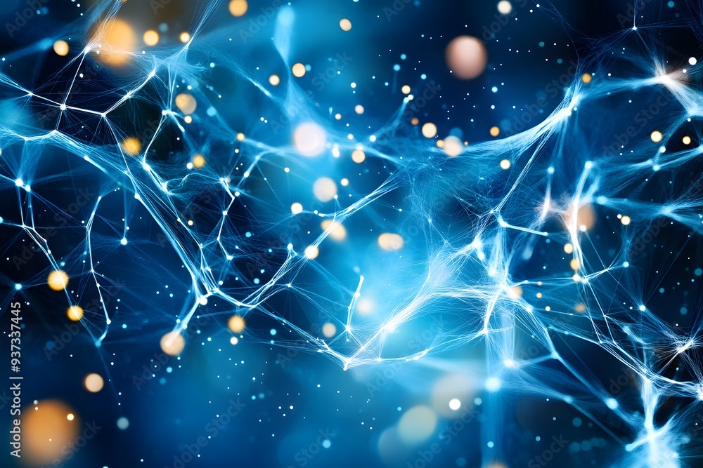 Poster abstract blue network background with bokeh lights.