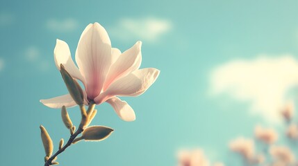 Obraz premium Breathtaking photograph showcasing a magnificent magnolia flower in full bloom its delicate white petals contrasting beautifully against a serene blue sky The image offers ample copy space