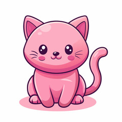 Adorable pink kawaii cat sitting and smiling on white background, perfect for cute and playful designs 