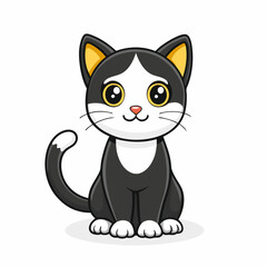 Obraz premium Adorable cartoon tuxedo cat sitting with its tail curled and looking ahead with curiosity on white background